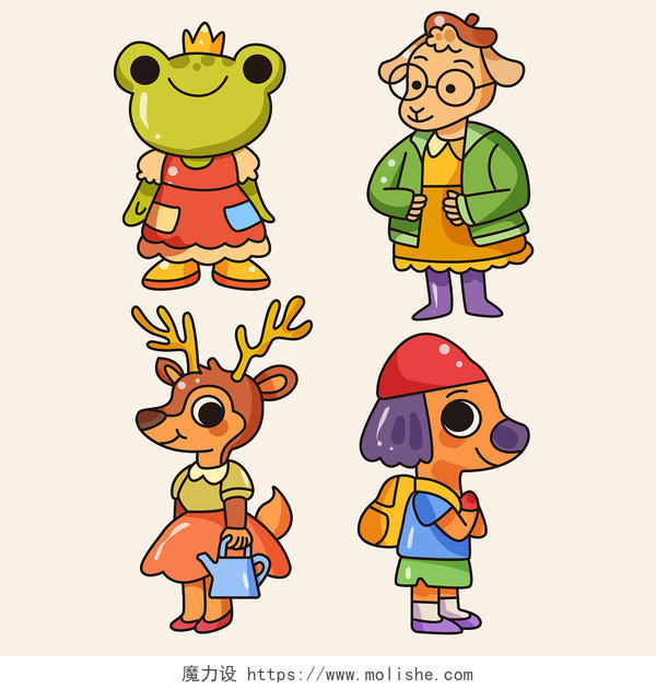卡通夏天动物可爱小青蛙小鹿套图原创插画素材png